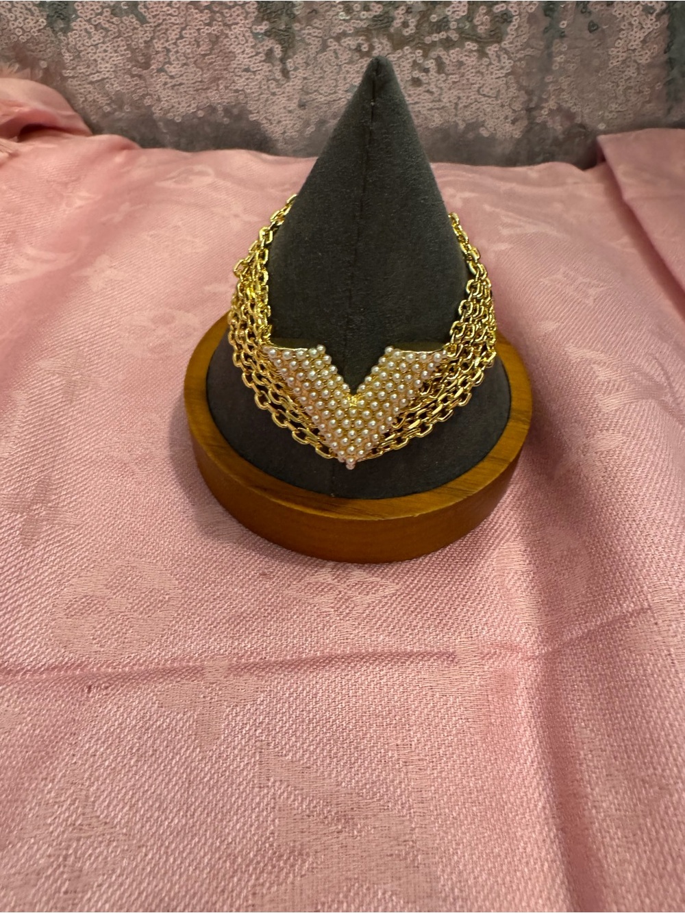 Louis Vuitton Gold-Tone Multi-Chain Necklace with Pearl V-Plaque